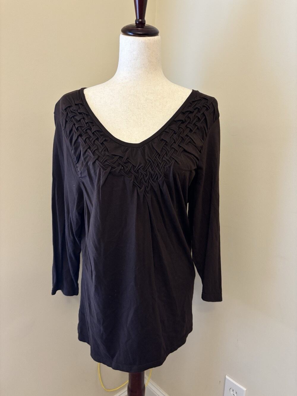 Chicos Knit Neck business Casual Blouse 3/4 Sleeve Solid Brown Size 3